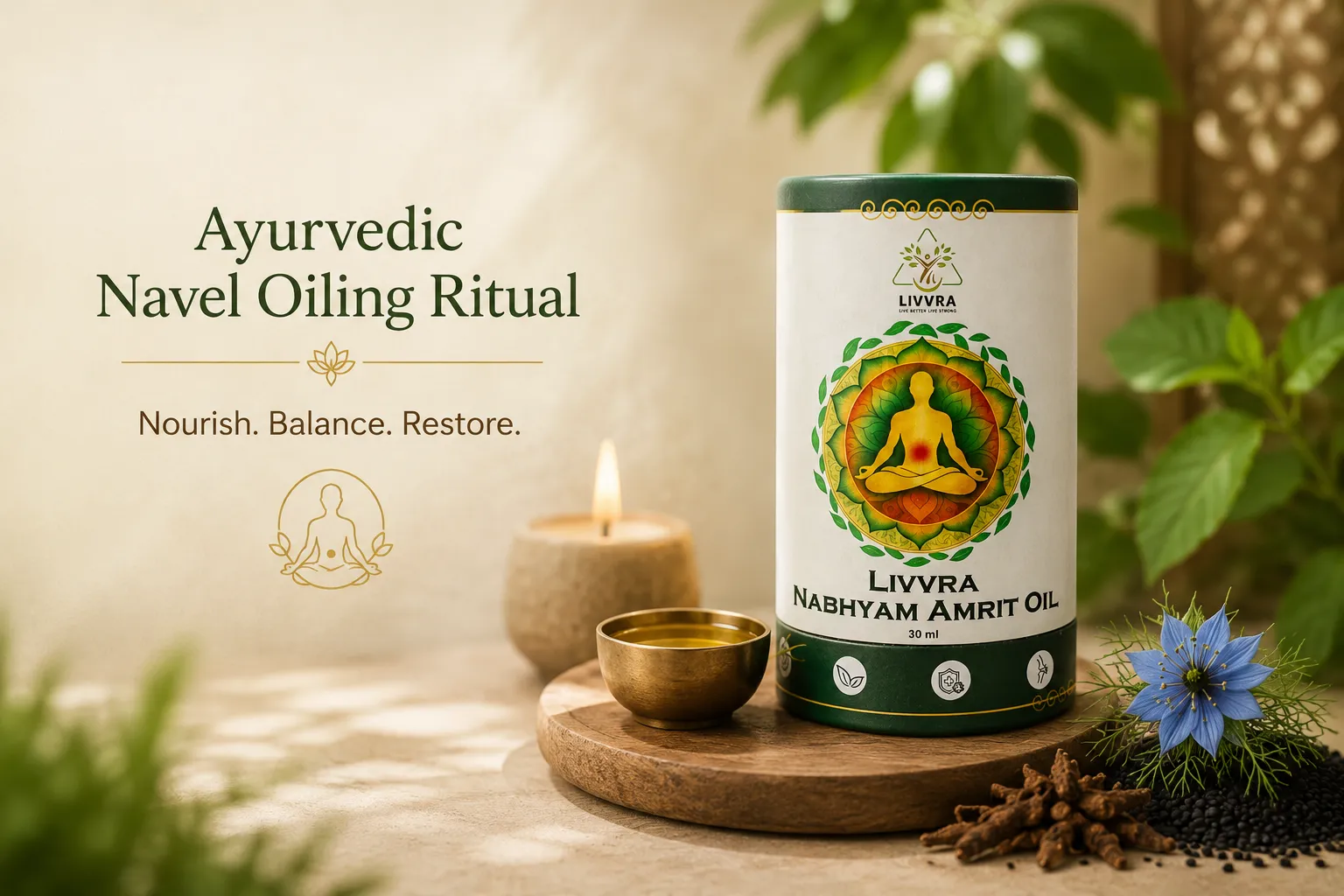 Ayurvedic navel oiling ritual with Livvra Nabhyam Amrit Oil